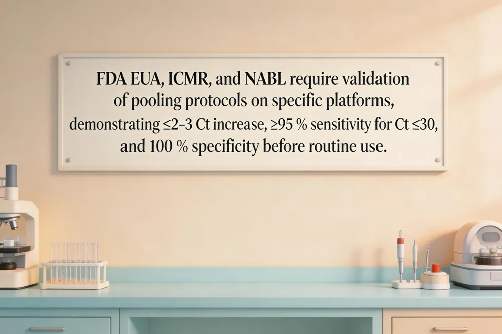 FDA EUA, ICMR, and NABL require validation of pooling protocols on specific platforms, demonstrating ≤2‑3 Ct increase, ≥95 % sensitivity for Ct ≤30, and 100 % specificity before routine use.