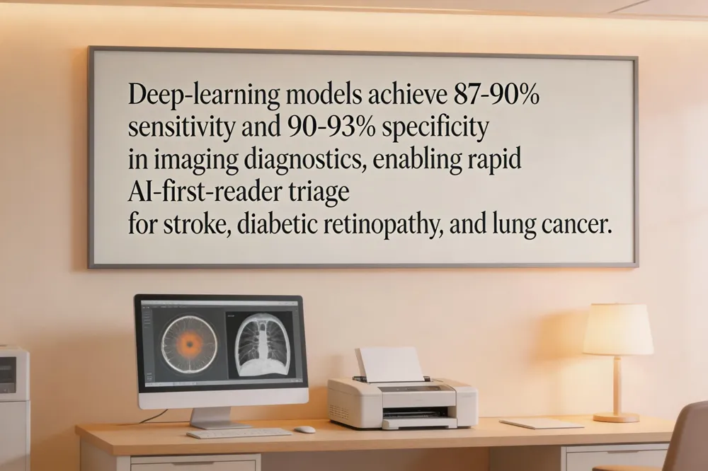 Deep‑learning models achieve 87‑90% sensitivity and 90‑93% specificity in imaging diagnostics, enabling rapid AI‑first‑reader triage for stroke, diabetic retinopathy, and lung cancer.