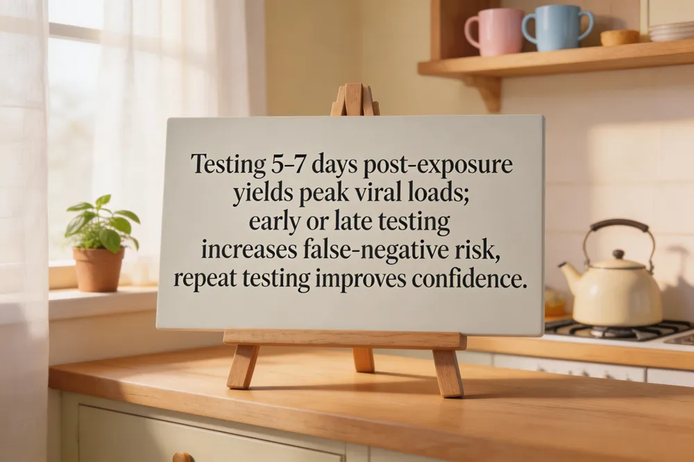 Testing 5‑7 days post‑exposure yields peak viral loads; early or late testing increases false‑negative risk, repeat testing improves confidence.