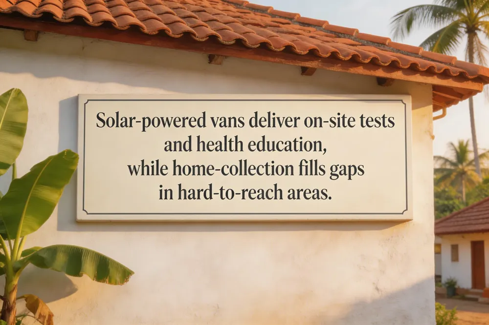 Solar‑powered vans deliver on‑site tests and health education, while home‑collection fills gaps in hard‑to‑reach areas.