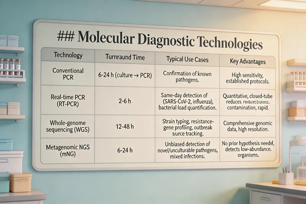 ### Molecular Diagnostic Technologies
| Technology |
Turnaround Time |
Typical Use Cases |
Key Advantages |
| Conventional PCR |
6‑24 h (culture → PCR) |
Confirmation of known pathogens. |
High sensitivity, established protocols. |
| Real‑time PCR (RT‑PCR) |
2‑6 h |
Same‑day detection of viruses (SARS‑CoV‑2, influenza), bacterial load quantification. |
Quantitative, closed‑tube reduces contamination, rapid. |
| Whole‑genome sequencing (WGS) |
12‑48 h |
Strain typing, resistance‑gene profiling, outbreak source tracking. |
Comprehensive genomic data, high resolution. |
| Metagenomic NGS (mNGS) | 6‑24 h | Unbiased detection of novel/unculturable pathogens, mixed infections. | No prior hypothesis needed, detects low‑abundance organisms. |