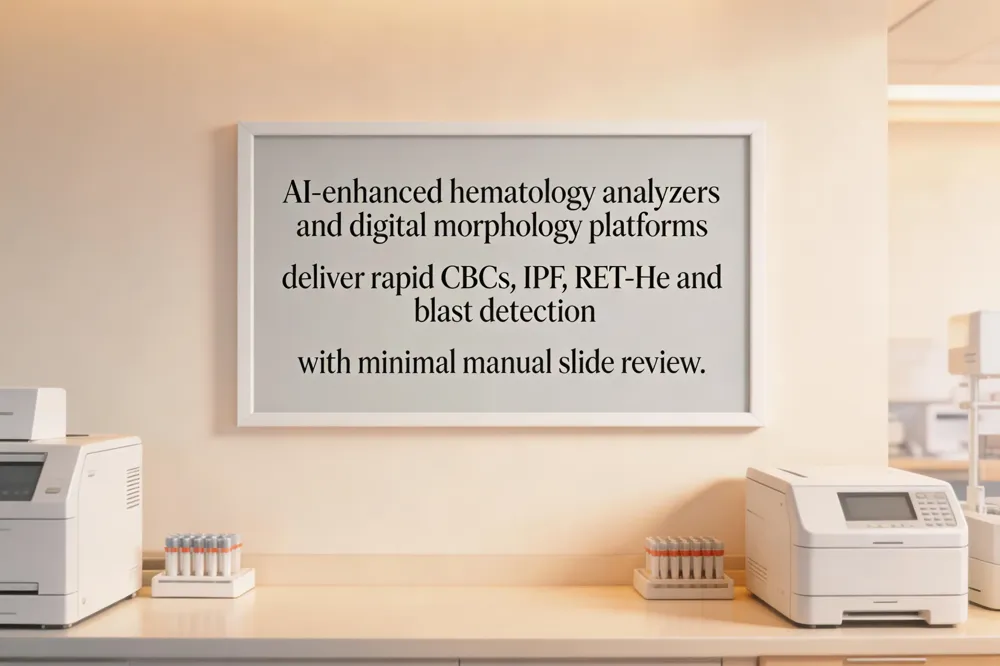 AI‑enhanced hematology analyzers and digital morphology platforms deliver rapid CBCs, IPF, RET‑He and blast detection with minimal manual slide review.