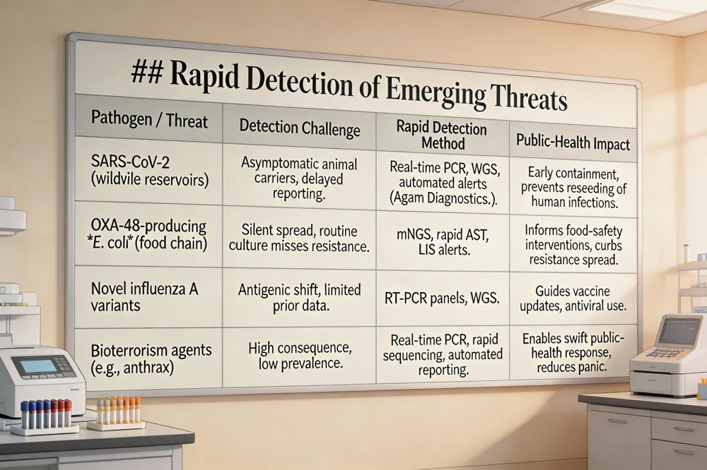 ### Rapid Detection of Emerging Threats
| Pathogen / Threat |
Detection Challenge |
Rapid Detection Method |
Public‑Health Impact |
| SARS‑CoV‑2 (wildlife reservoirs) |
Asymptomatic animal carriers, delayed reporting. |
Real‑time PCR, WGS, automated alerts (Agam Diagnostics). |
Early containment, prevents reseeding of human infections. |
| OXA‑48‑producing E. coli (food chain) |
Silent spread, routine culture misses resistance. |
mNGS, rapid AST, LIS alerts. |
Informs food‑safety interventions, curbs resistance spread. |
| Novel influenza A variants |
Antigenic shift, limited prior data. |
RT‑PCR panels, WGS. |
Guides vaccine updates, antiviral use. |
| Bioterrorism agents (e.g., anthrax) | High consequence, low prevalence. | Real‑time PCR, rapid sequencing, automated reporting. | Enables swift public‑health response, reduces panic. |
