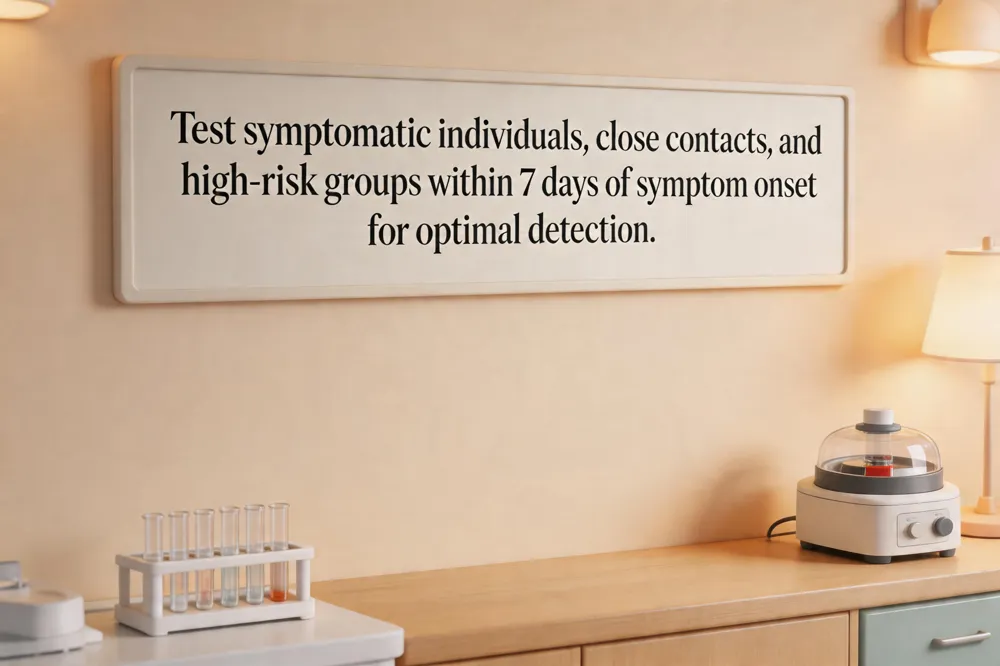 Test symptomatic individuals, close contacts, and high‑risk groups within 7 days of symptom onset for optimal detection.