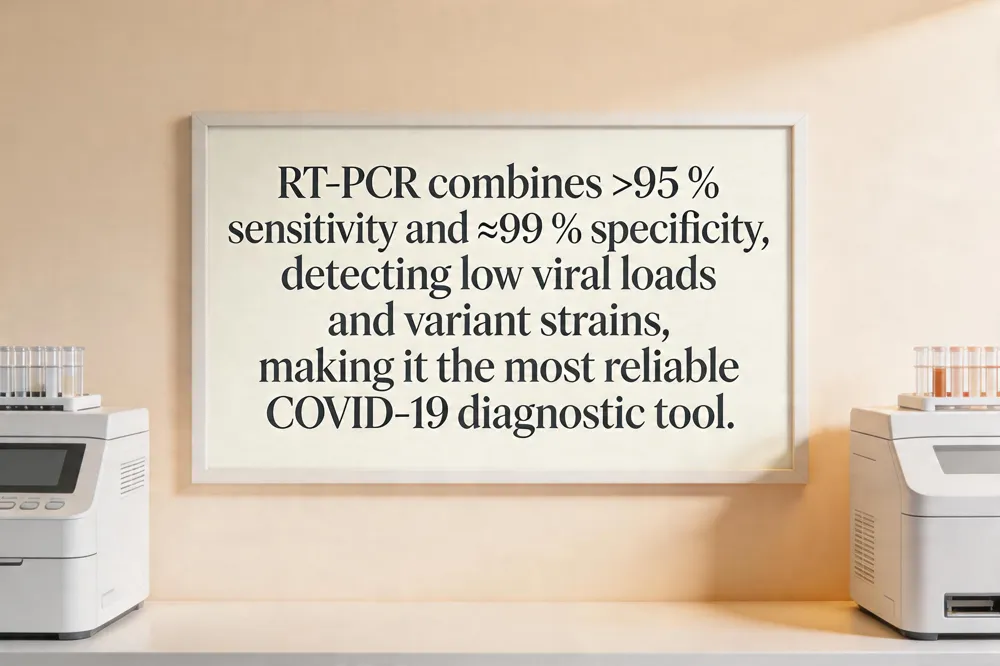 RT‑PCR combines >95 % sensitivity and ≈99 % specificity, detecting low viral loads and variant strains, making it the most reliable COVID‑19 diagnostic tool.