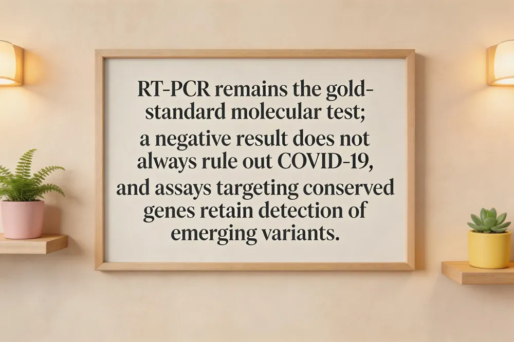 RT‑PCR remains the gold‑standard molecular test; a negative result does not always rule out COVID‑19, and assays targeting conserved genes retain detection of emerging variants.