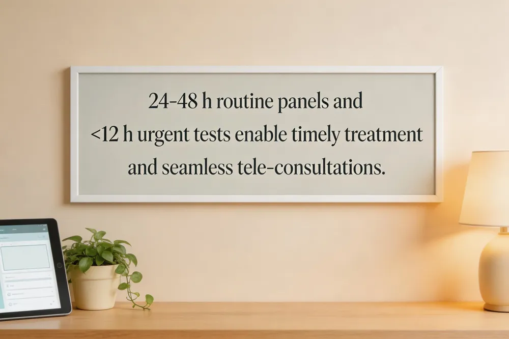 24‑48 h routine panels and <12 h urgent tests enable timely treatment and seamless tele‑consultations.