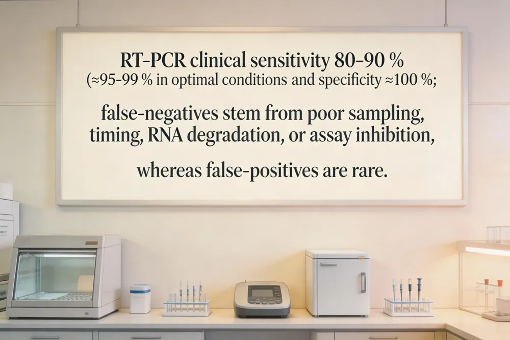 RT‑PCR clinical sensitivity 80‑90 % (≈95‑99 % in optimal conditions) and specificity ≈100 %; false‑negatives stem from poor sampling, timing, RNA degradation, or assay inhibition, whereas false‑positives are rare.