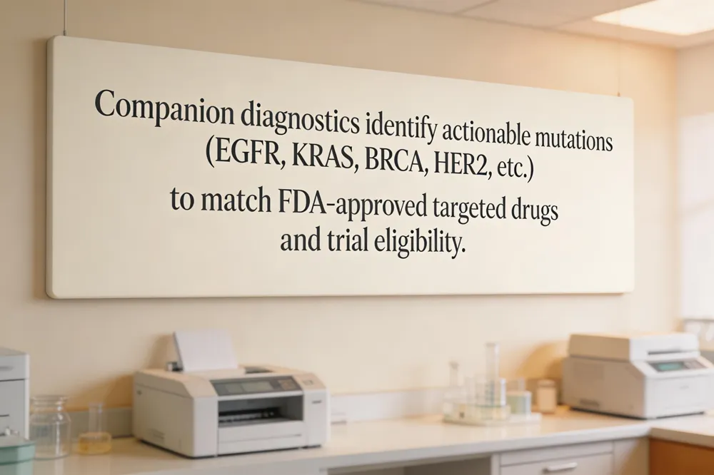Companion diagnostics identify actionable mutations (EGFR, KRAS, BRCA, HER2, etc.) to match FDA‑approved targeted drugs and trial eligibility.