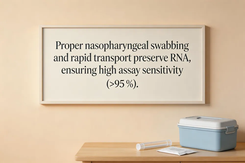 Proper nasopharyngeal swabbing and rapid transport preserve RNA, ensuring high assay sensitivity (>95 %).