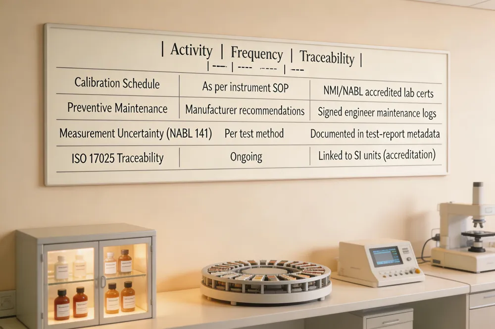 | Activity | Frequency | Traceability |
| --- | --- | --- |
| Calibration Schedule | As per instrument SOP (e.g., monthly, quarterly) | Certificates traceable to NMI or NABL‑accredited calibration lab. |
| Preventive Maintenance | Routine service per manufacturer recommendations | Maintenance logs signed by qualified engineer, parts replacement records. |
| Measurement Uncertainty (NABL 141) | Calculated for each test method | Documented components (repeatability, calibration uncertainty, environment) in test‑report metadata. |
| ISO 17025 Metrological Traceability | Ongoing | Links measurement chain to SI units, satisfies accreditation requirements. |