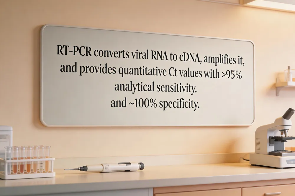 RT‑PCR converts viral RNA to cDNA, amplifies it, and provides quantitative Ct values with >95 % analytical sensitivity and ~100 % specificity.