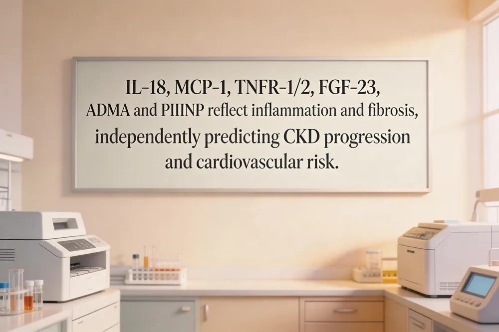 IL‑18, MCP‑1, TNFR‑1/2, FGF‑23, ADMA and PIIINP reflect inflammation and fibrosis, independently predicting CKD progression and cardiovascular risk.