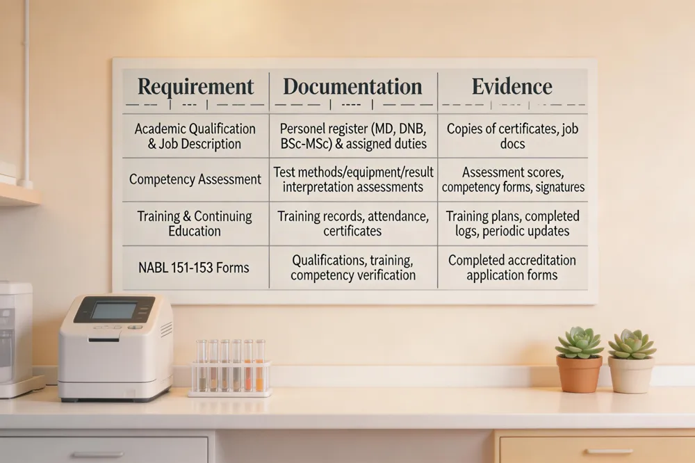 | Requirement | Documentation | Evidence |
| --- | --- | --- |
| Academic Qualification &amp; Job Description | Personnel register with qualifications (MD, DNB, BSc‑MSc) and assigned duties | Copies of certificates, job description documents. |
| Competency Assessment | Formal assessments of test methods, equipment operation, result interpretation | Assessment scores, competency‑assessment forms, signatures. |
| Training &amp; Continuing Education | Training records, attendance sheets, certificates | Training plans, completed‑ logs, evidence of periodic updates. |
| NABL 151‑153 Forms | Capture qualifications, training, competency verification | Completed forms submitted with accreditation application. |