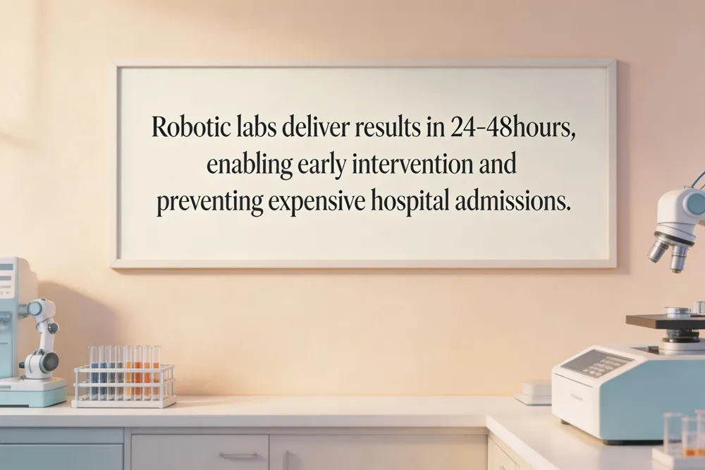 Robotic labs deliver results in 24‑48 hours, enabling early intervention and preventing expensive hospital admissions.