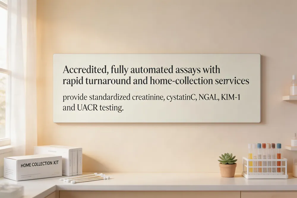 Accredited, fully automated assays with rapid turnaround and home‑collection services provide standardized creatinine, cystatin C, NGAL, KIM‑1 and UACR testing.