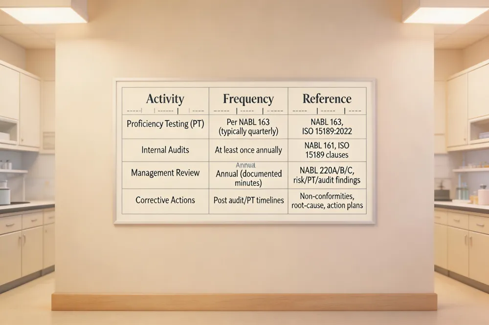 | Activity | Frequency | Reference |
| --- | --- | --- |
| Proficiency Testing (PT) | Per discipline as per NABL 163 (typically quarterly) | NABL 163, ISO 15189:2022 external quality assessment. |
| Internal Audits | At least once annually | NABL 161 audit checklist, ISO 15189 clauses. |
| Management Review | Annual meeting with documented minutes | NABL 220A/B/C checklists, risk assessment, PT performance, audit findings. |
| Corrective Actions | Within defined timelines after audit/PT findings | Documented non‑conformities, root‑cause analysis, action plans. |