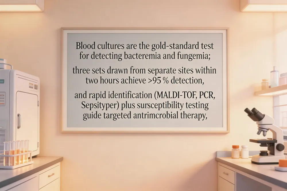 Blood cultures are the gold‑standard test for detecting bacteremia and fungemia; three sets drawn from separate sites within two hours achieve >95 % detection, and rapid identification (MALDI‑TOF, PCR, Sepsityper) plus susceptibility testing guide targeted antimicrobial therapy.