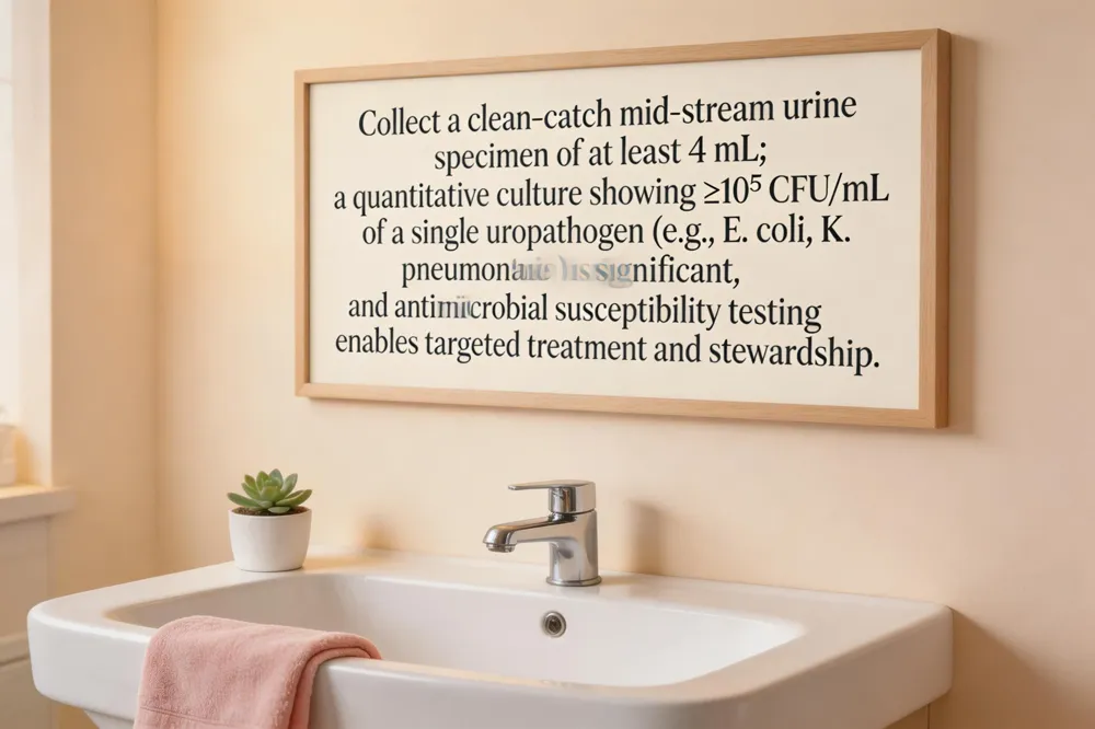 Collect a clean‑catch mid‑stream urine specimen of at least 4 mL; a quantitative culture showing ≥10⁵ CFU/mL of a single uropathogen (e.g., E. coli, K. pneumoniae) is significant, and antimicrobial susceptibility testing enables targeted treatment and stewardship.