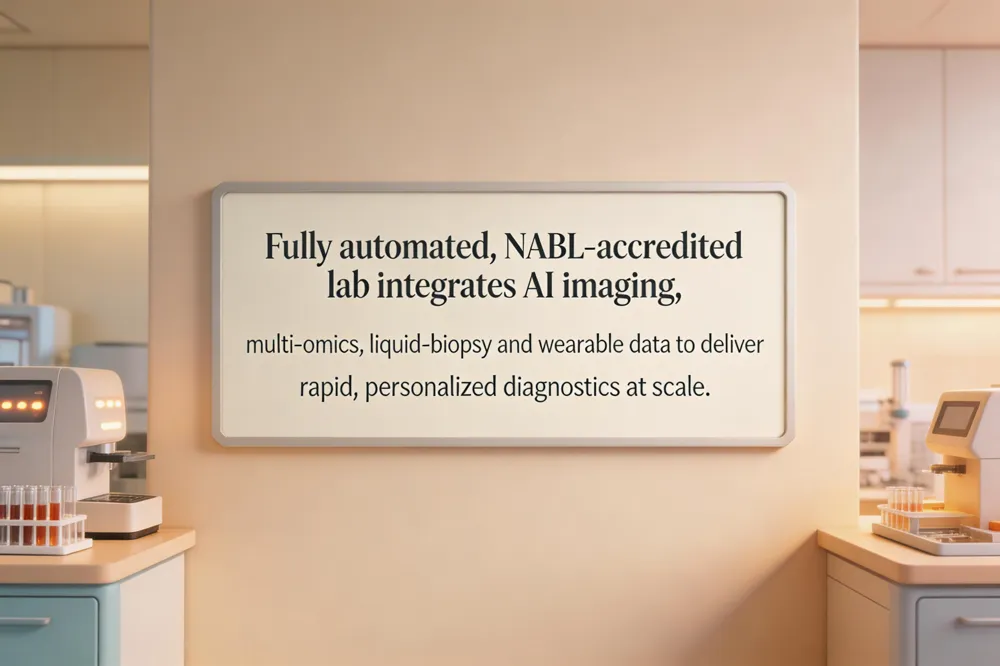 Fully automated, NABL‑accredited lab integrates AI imaging, multi‑omics, liquid‑biopsy and wearable data to deliver rapid, personalized diagnostics at scale.