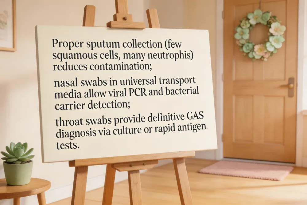 Proper sputum collection (few squamous cells, many neutrophils) reduces contamination; nasal swabs in universal transport media allow viral PCR and bacterial carrier detection; throat swabs provide definitive GAS diagnosis via culture or rapid antigen tests.