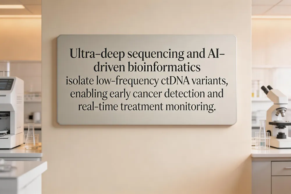 Ultra‑deep sequencing and AI‑driven bioinformatics isolate low‑frequency ctDNA variants, enabling early cancer detection and real‑time treatment monitoring.
