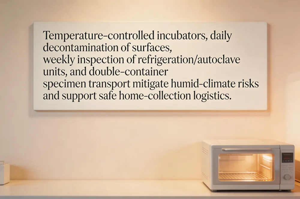 Temperature‑controlled incubators, daily decontamination of surfaces, weekly inspection of refrigeration/autoclave units, and double‑container specimen transport mitigate humid‑climate risks and support safe home‑collection logistics.