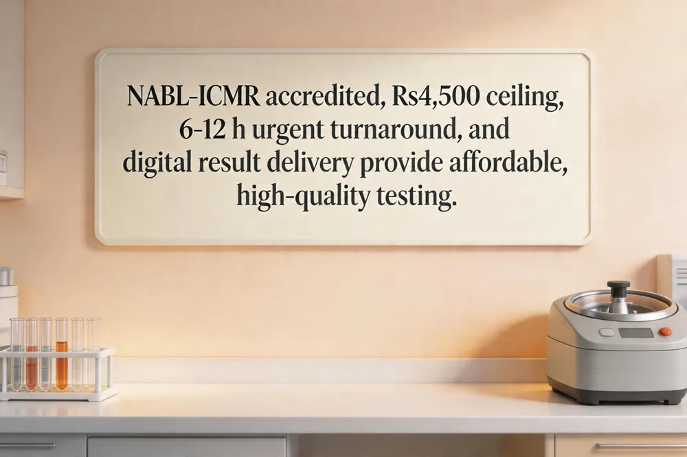 NABL‑ICMR accredited, Rs 4,500 ceiling, 6‑12 h urgent turnaround, and digital result delivery provide affordable, high‑quality testing.