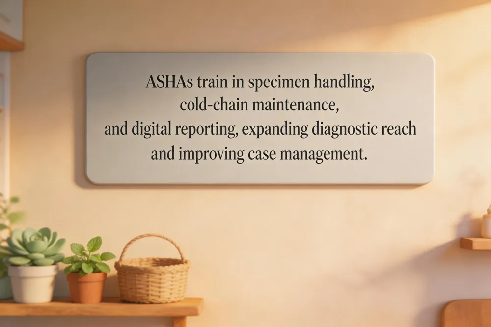 ASHAs train in specimen handling, cold‑chain maintenance, and digital reporting, expanding diagnostic reach and improving case management.