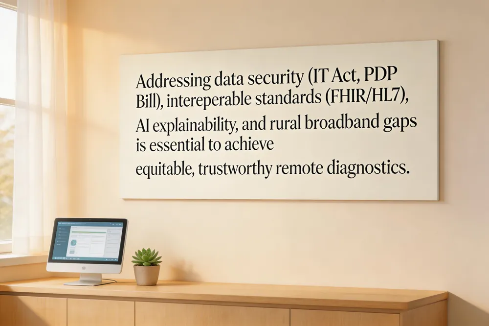 Addressing data security (IT Act, PDP Bill), interoperable standards (FHIR/HL7), AI explainability, and rural broadband gaps is essential to achieve equitable, trustworthy remote diagnostics.