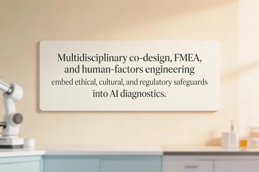Multidisciplinary co‑design, FMEA, and human‑factors engineering embed ethical, cultural, and regulatory safeguards into AI diagnostics.