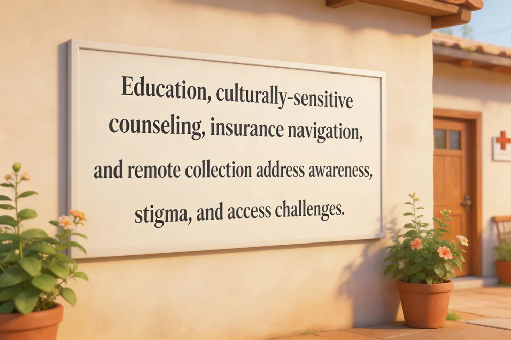 Education, culturally‑sensitive counseling, insurance navigation, and remote collection address awareness, stigma, and access challenges.