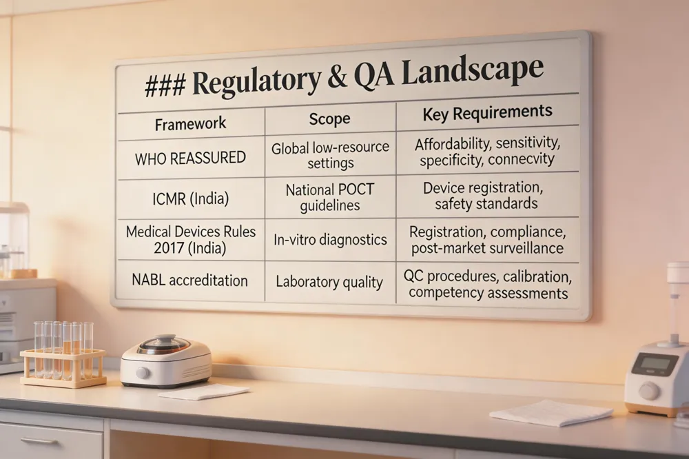 ### Regulatory & QA Landscape
| Framework |
Scope |
Key Requirements |
| WHO REASSURED |
Global low‑resource settings |
Affordability, sensitivity, specificity, connectivity |
| ICMR (India) |
National POCT guidelines |
Device registration, safety standards |
| Medical Devices Rules 2017 (India) |
In‑vitro diagnostics |
Registration, compliance, post‑market surveillance |
| NABL accreditation |
Laboratory quality |
QC procedures, calibration, competency assessments |
