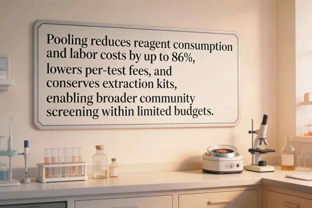 Pooling reduces reagent consumption and labor costs by up to 86 %, lowers per‑test fees, and conserves extraction kits, enabling broader community screening within limited budgets.