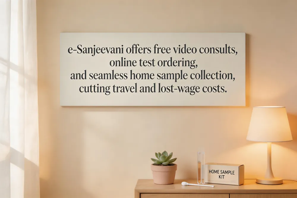 e‑Sanjeevani offers free video consults, online test ordering, and seamless home sample collection, cutting travel and lost‑wage costs.
