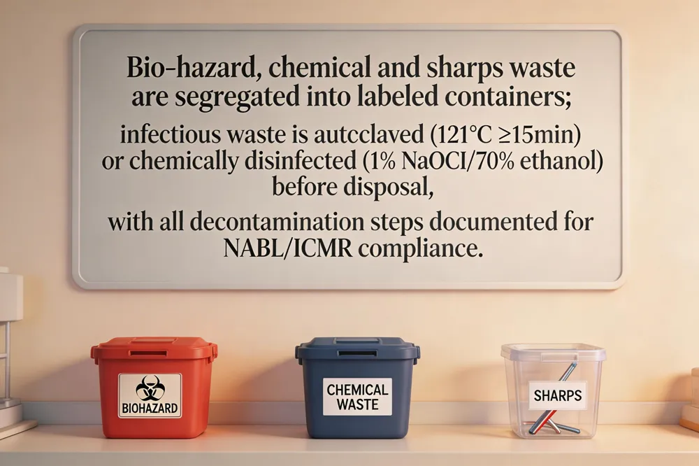 Bio‑hazard, chemical and sharps waste are segregated into labeled containers; infectious waste is autoclaved (121 °C ≥15 min) or chemically disinfected (1 % NaOCl/70 % ethanol) before disposal, with all decontamination steps documented for NABL/ICMR compliance.