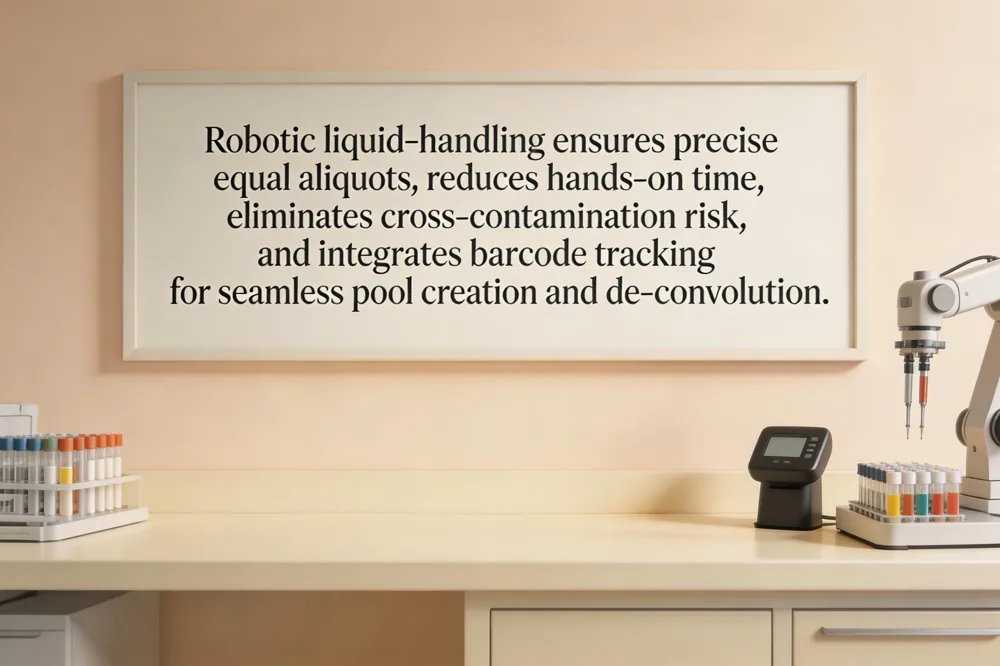 Robotic liquid‑handling ensures precise equal aliquots, reduces hands‑on time, eliminates cross‑contamination risk, and integrates barcode tracking for seamless pool creation and de‑convolution.