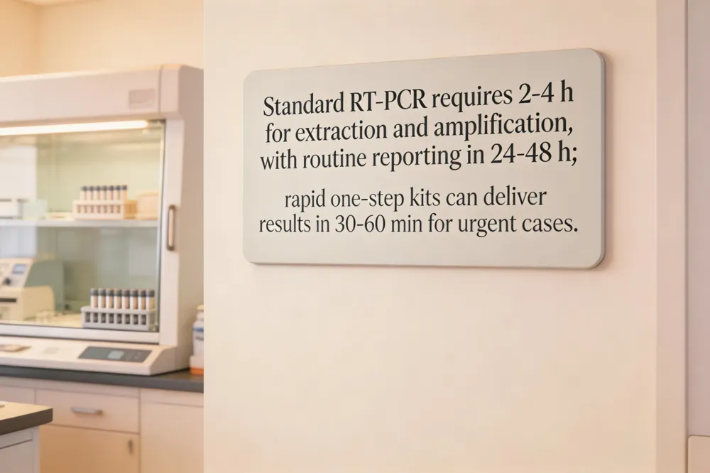 Standard RT‑PCR requires 2‑4 h for extraction and amplification, with routine reporting in 24‑48 h; rapid one‑step kits can deliver results in 30‑60 min for urgent cases.