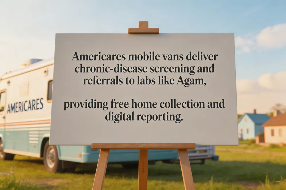Americares mobile vans deliver chronic‑disease screening and referrals to labs like Agam, providing free home collection and digital reporting.