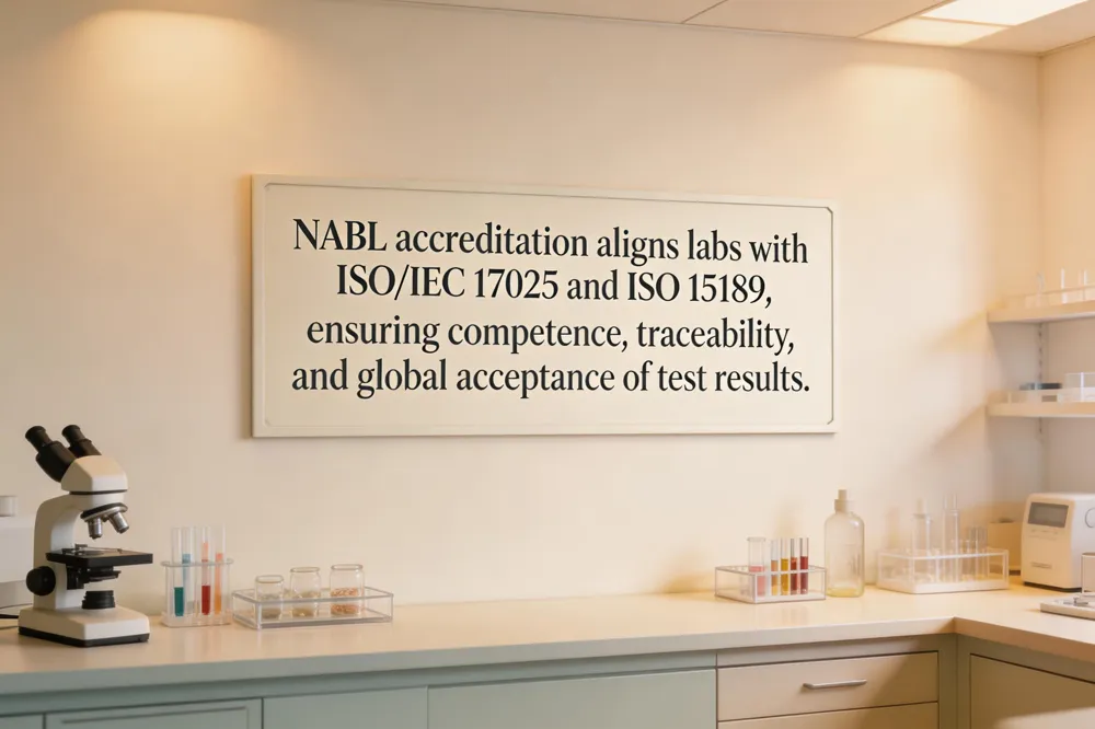 NABL accreditation aligns labs with ISO/IEC 17025 and ISO 15189, ensuring competence, traceability, and global acceptance of test results.