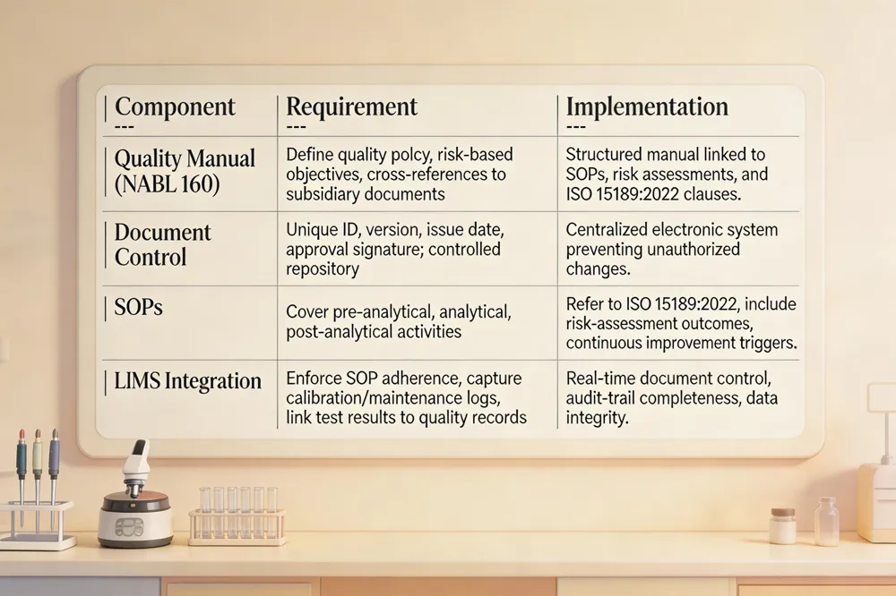 | Component | Requirement | Implementation |
| --- | --- | --- |
| Quality Manual (NABL 160) | Define quality policy, risk‑based objectives, cross‑references to subsidiary documents | Structured manual linked to SOPs, risk assessments, and ISO 15189:2022 clauses. |
| Document Control | Unique ID, version, issue date, approval signature; controlled repository | Centralized electronic system preventing unauthorized changes. |
| SOPs | Cover pre‑analytical, analytical, post‑analytical activities | Refer to ISO 15189:2022, include risk‑assessment outcomes, continuous improvement triggers. |
| LIMS Integration | Enforce SOP adherence, capture calibration/maintenance logs, link test results to quality records | Real‑time document control, audit‑trail completeness, data integrity. |