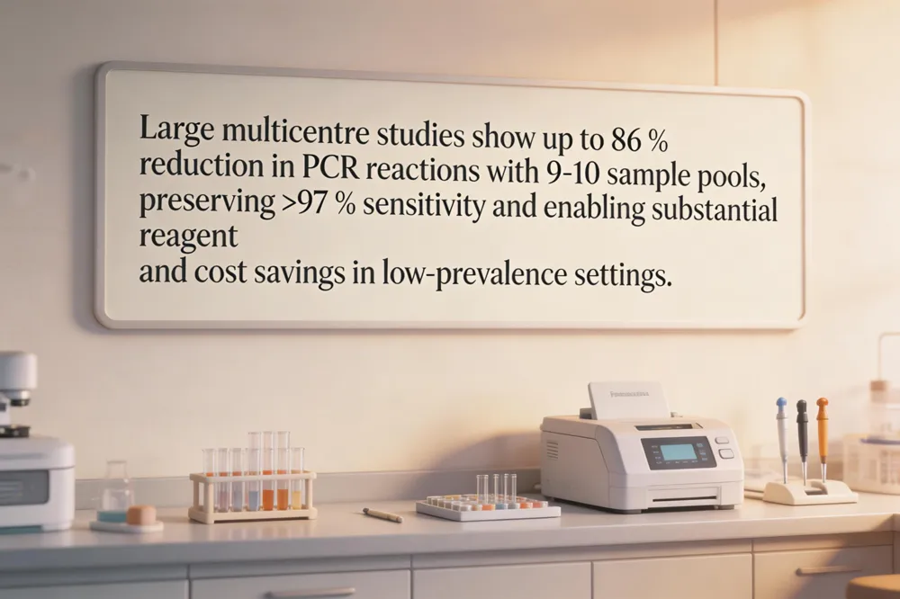 Large multicentre studies show up to 86 % reduction in PCR reactions with 9‑10 sample pools, preserving >97 % sensitivity and enabling substantial reagent and cost savings in low‑prevalence settings.