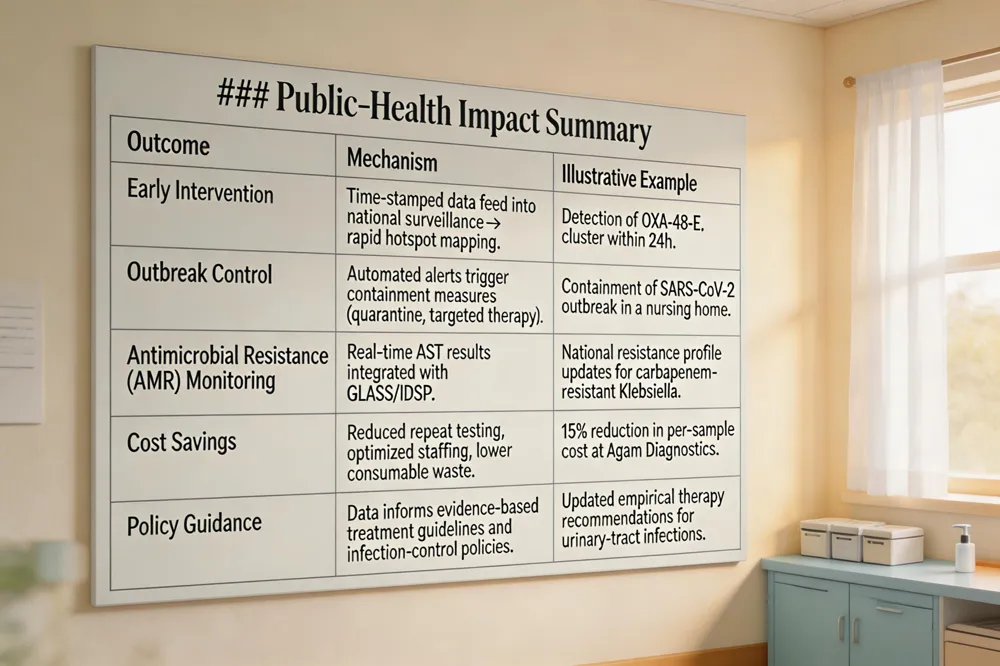 ### Public‑Health Impact Summary
| Outcome |
Mechanism |
Illustrative Example |
| Early Intervention |
Time‑stamped data feed into national surveillance → rapid hotspot mapping. |
Detection of OXA‑48‑E. *. cluster within 24 h. |
| Outbreak Control |
Automated alerts trigger containment measures (quarantine, targeted therapy). |
Containment of SARS‑CoV‑2 outbreak in a nursing home. |
| Antimicrobial Resistance (AMR) Monitoring |
Real‑time AST results integrated with GLASS/IDSP. |
National resistance profile updates for carbapenem‑resistant Klebsiella. |
| Cost Savings |
Reduced repeat testing, optimized staffing, lower consumable waste. |
15 % reduction in per‑sample cost at Agam Diagnostics. |
| Policy Guidance |
Data informs evidence‑based treatment guidelines and infection‑control policies. |
Updated empirical therapy recommendations for urinary‑tract infections. |
