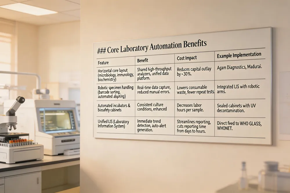 ### Core Laboratory Automation Benefits
| Feature |
Benefit |
Cost Impact |
Example Implementation |
| Horizontal core layout (microbiology, immunology, biochemistry) |
Shared high‑throughput analyzers, unified data platform. |
Reduces capital outlay by ~30 %. |
Agam Diagnostics, Madurai. |
| Robotic specimen handling (barcode sorting, automated aliquoting) |
Real‑time data capture, reduced manual errors. |
Lowers consumable waste, fewer repeat tests. |
Integrated LIS with robotic arms. |
| Automated incubators & biosafety cabinets |
Consistent culture conditions, enhanced safety. |
Decreases labor hours per sample. |
Sealed cabinets with UV decontamination. |
| Unified LIS (Laboratory Information System) | Immediate trend detection, auto‑alert generation. | Streamlines reporting, cuts reporting time from days to hours. | Direct feed to WHO GLASS, WHONET. |