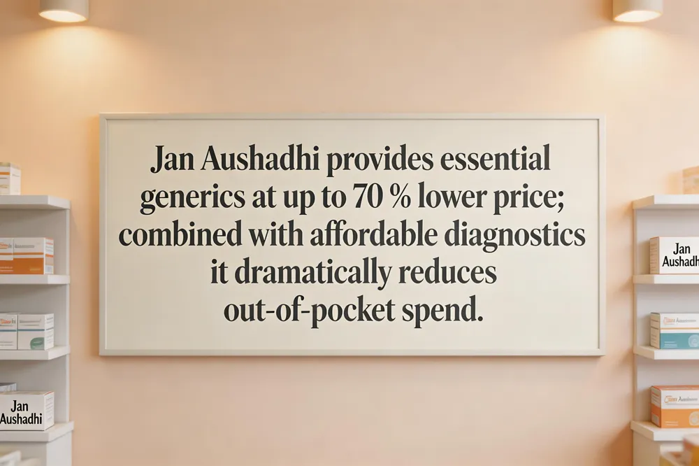 Jan Aushadhi provides essential generics at up to 70 % lower price; combined with affordable diagnostics it dramatically reduces out‑of‑pocket spend.