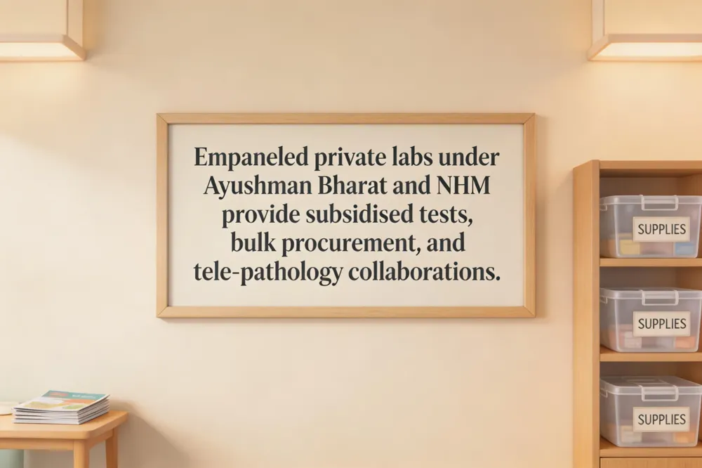 Empaneled private labs under Ayushman Bharat and NHM provide subsidised tests, bulk procurement, and tele‑pathology collaborations.