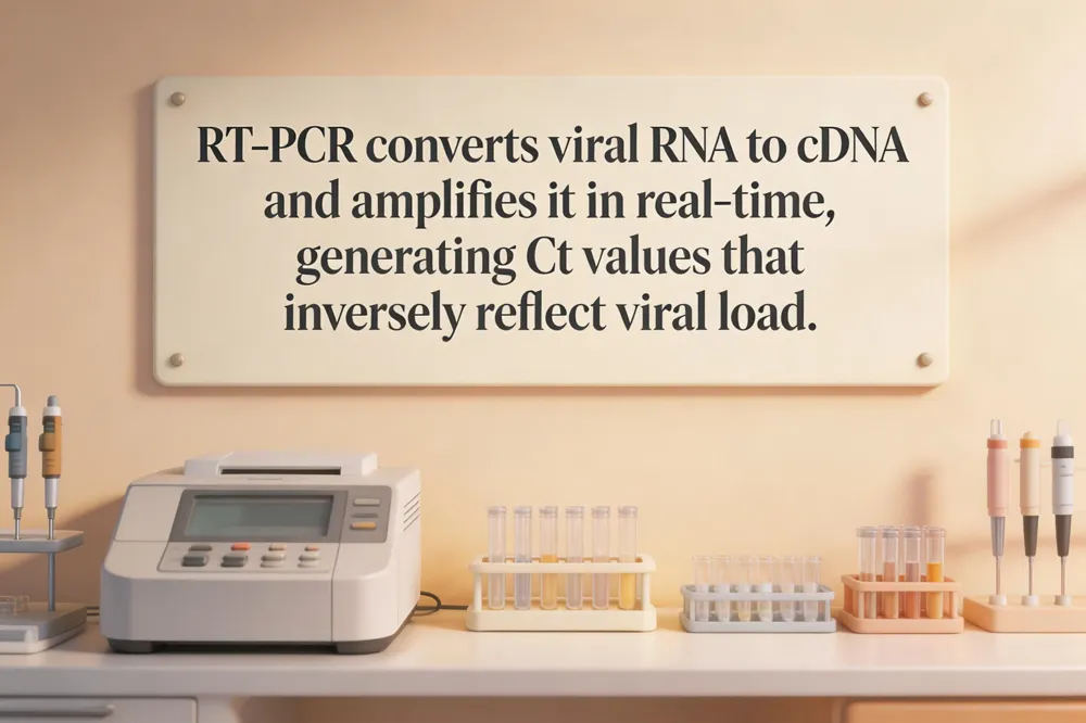 RT‑PCR converts viral RNA to cDNA and amplifies it in real‑time, generating Ct values that inversely reflect viral load.