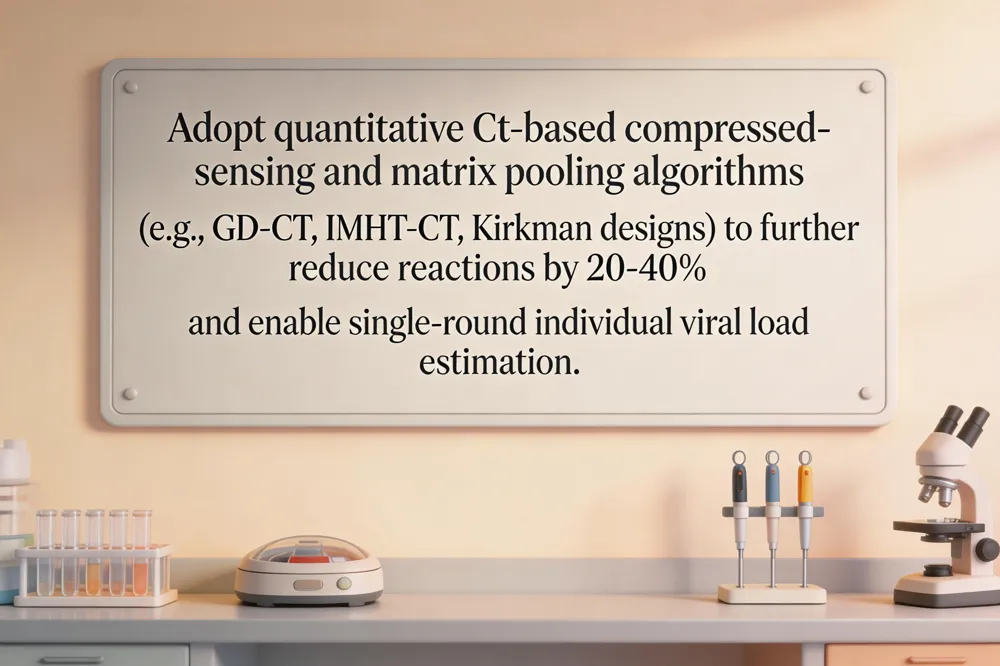 Adopt quantitative Ct‑based compressed‑sensing and matrix pooling algorithms (e.g., GD‑CT, IMHT‑CT, Kirkman designs) to further reduce reactions by 20‑40 % and enable single‑round individual viral load estimation.