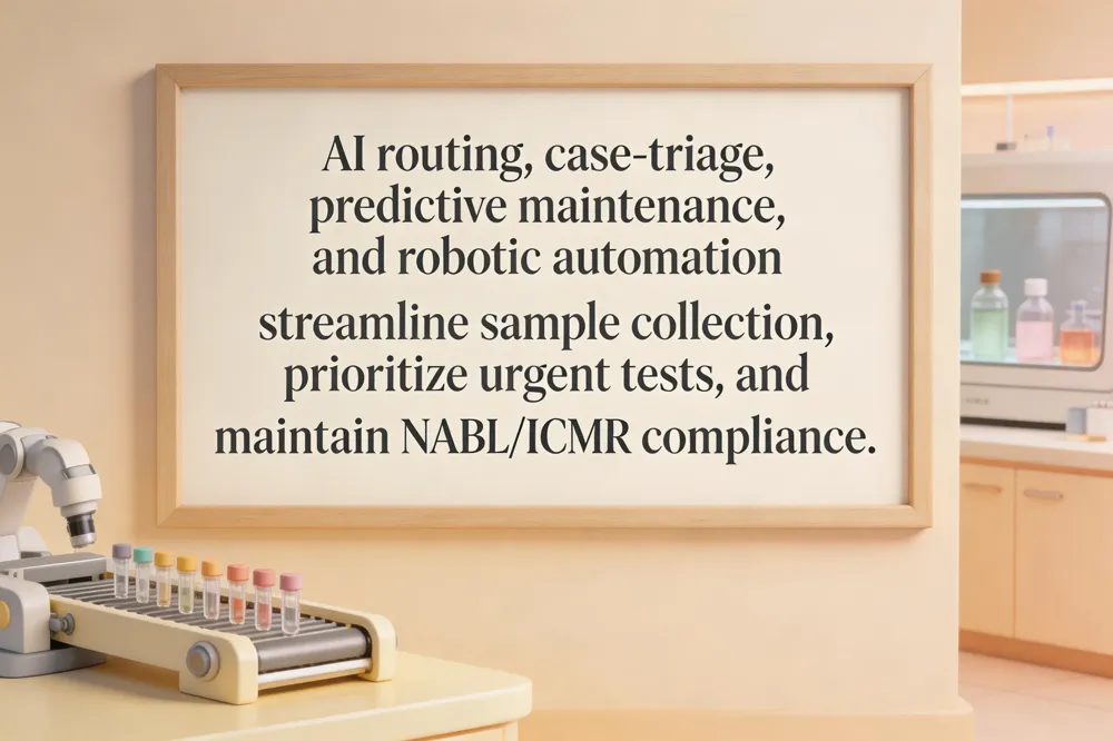 AI routing, case‑triage, predictive maintenance, and robotic automation streamline sample collection, prioritize urgent tests, and maintain NABL/ICMR compliance.