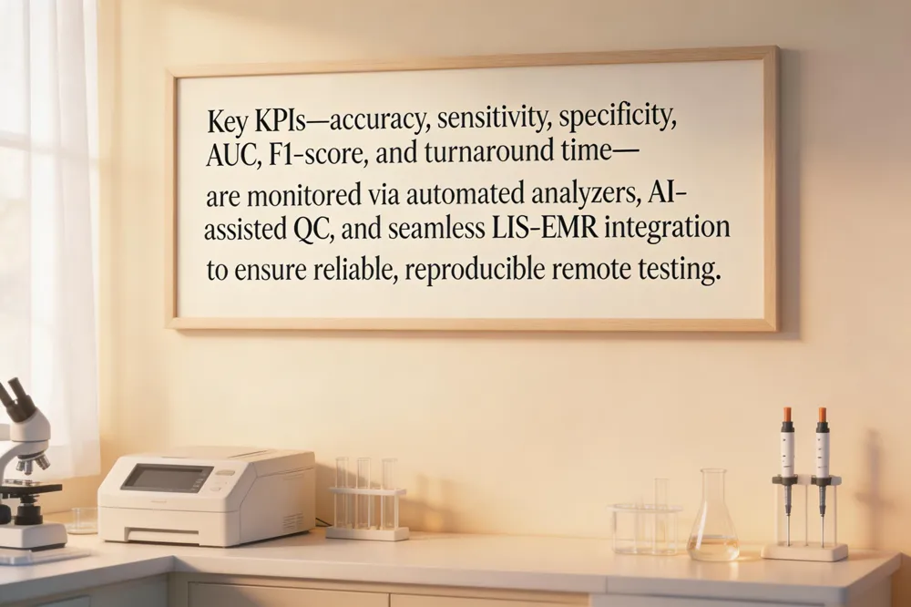 Key KPIs—accuracy, sensitivity, specificity, AUC, F1‑score, and turnaround time—are monitored via automated analyzers, AI‑assisted QC, and seamless LIS‑EMR integration to ensure reliable, reproducible remote testing.